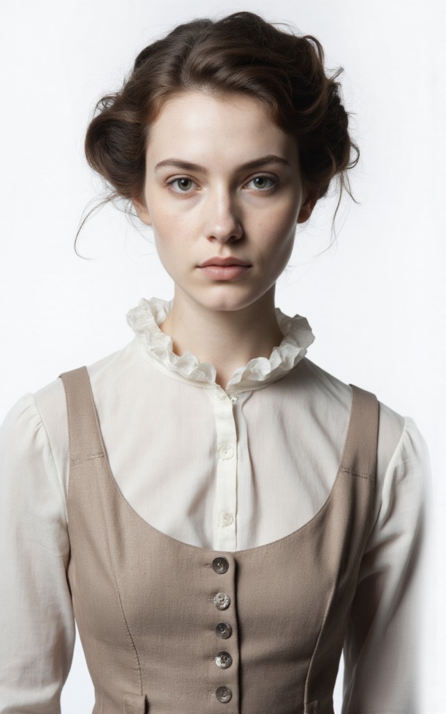 A French female model wearing a dress with a Ruffled collar, white background, front   facing bust portrait